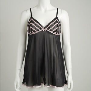 Sheer Black and Pink Lace Mini Slip Dress Babydoll Top